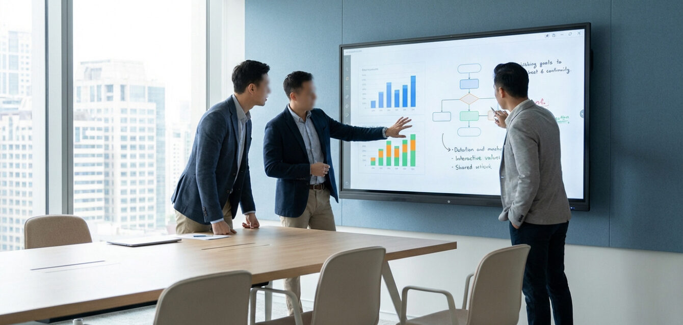 Trois hommes d'affaires présentent des données sur un écran interactif dans une salle de réunion moderne avec vue sur la ville.