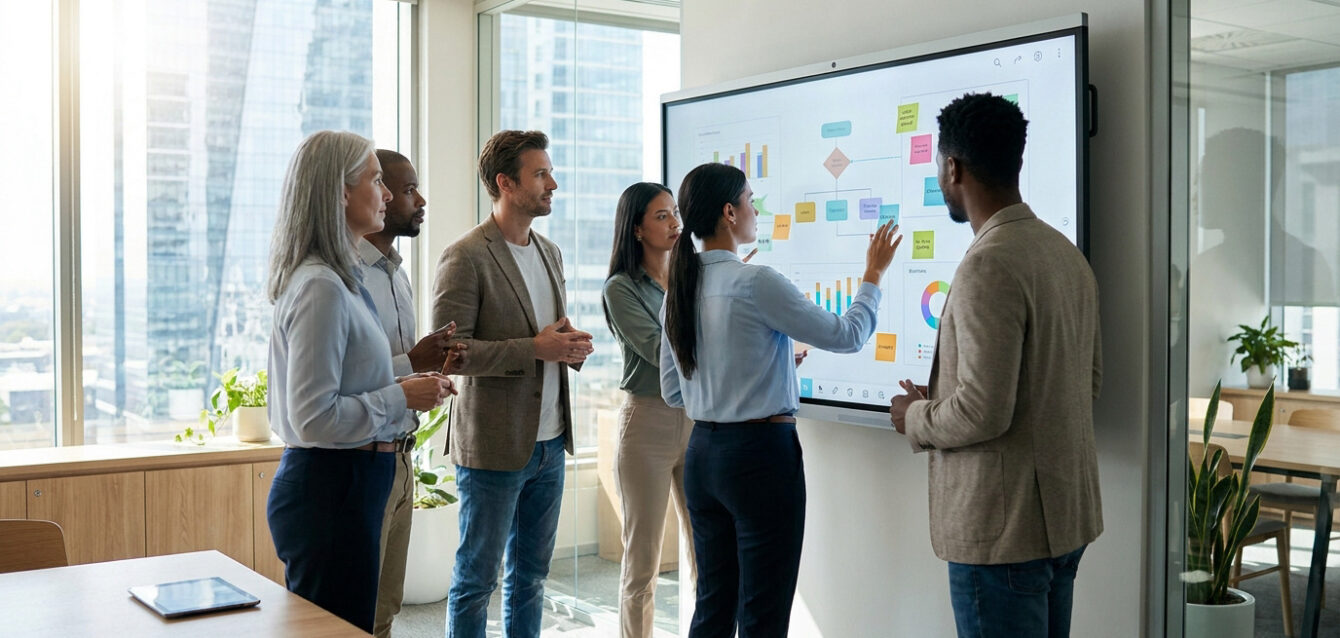 Groupe diversifié de six professionnels en réunion dans un bureau moderne, interagissant avec un grand écran tactile affichant des graphiques.