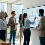 Groupe diversifié de six professionnels en réunion dans un bureau moderne, interagissant avec un grand écran tactile affichant des graphiques.