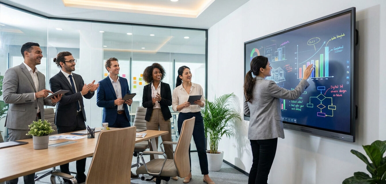 Collaboration boostée par écran interactif Une femme présente sur un écran interactif devant une équipe diverse et souriante dans un bureau moderne.