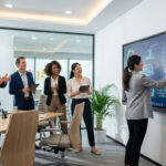 Une femme présente sur un écran interactif devant une équipe diverse et souriante dans un bureau moderne.