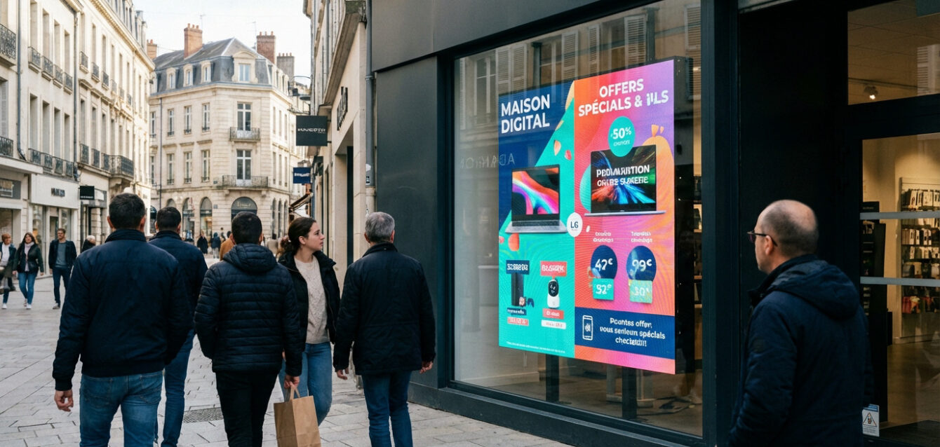 Un grand écran vitrine digital affiche des offres électroniques. Des passants, dont un homme qui regarde, marchent dans une rue commerçante.