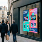 Un grand écran vitrine digital affiche des offres électroniques. Des passants, dont un homme qui regarde, marchent dans une rue commerçante.