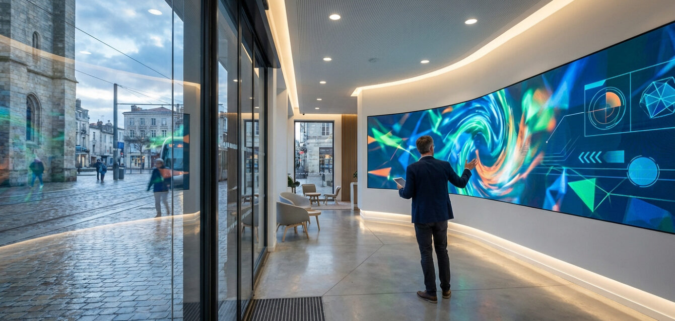 Affichage dynamique à Niort : boostez votre visibilité Homme face à un grand écran numérique incurvé montrant des graphiques abstraits. Intérieur moderne avec vue sur Niort, ville historique et tram.