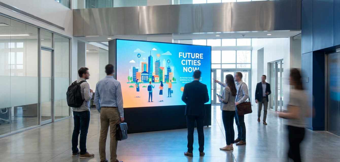 Un grand écran d'affichage dynamique "Future Cities Now" devant des personnes dans le hall vitré d'un bâtiment moderne.