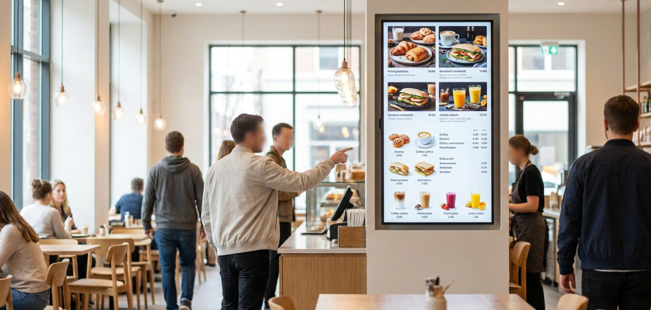 Intérieur d'un café moderne avec un client regardant un menu digital vertical. D'autres clients sont attablés ou à la caisse.