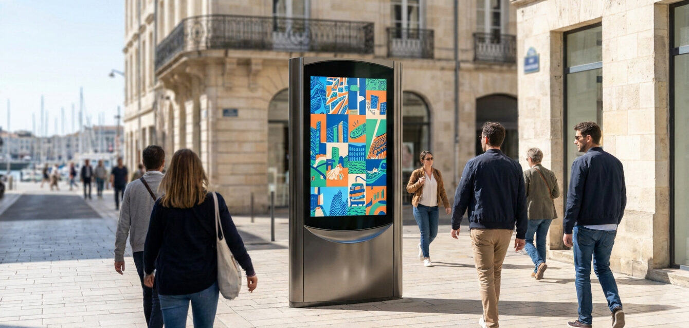 Un panneau publicitaire numérique sur pied dans une rue piétonne animée de La Rochelle avec des passants.