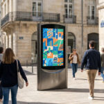 Un panneau publicitaire numérique sur pied dans une rue piétonne animée de La Rochelle avec des passants.