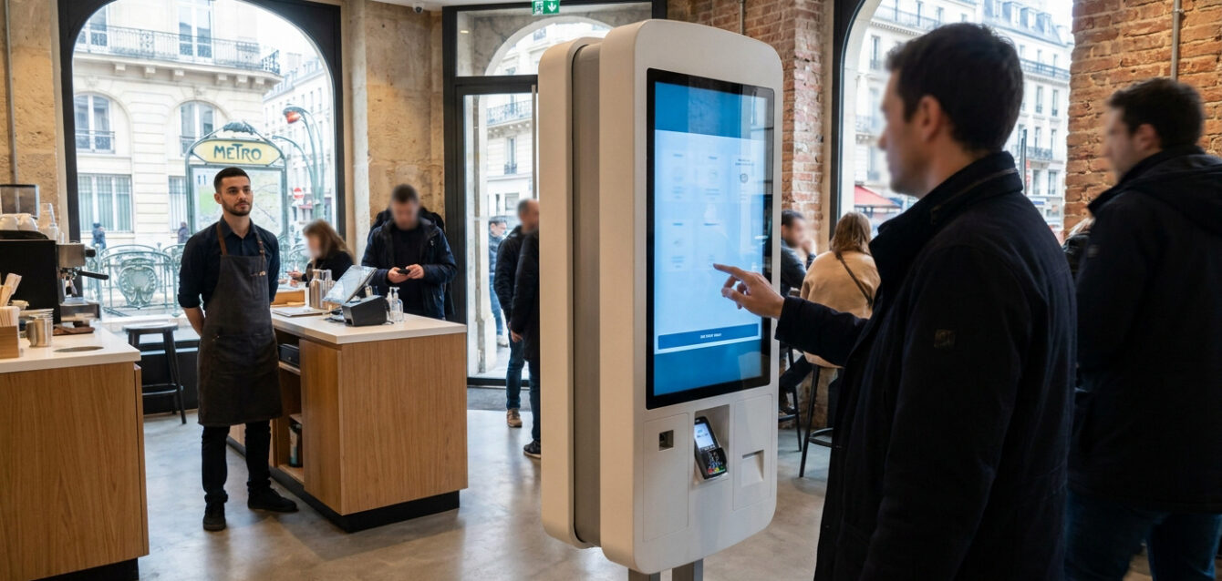 Un client utilise une borne de commande tactile dans un café moderne à l'ambiance urbaine.