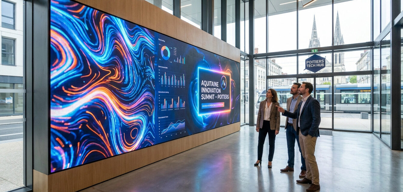 Grand mur LED interactif à Poitiers avec des visuels vifs et info sur un sommet, trois personnes l'observent.