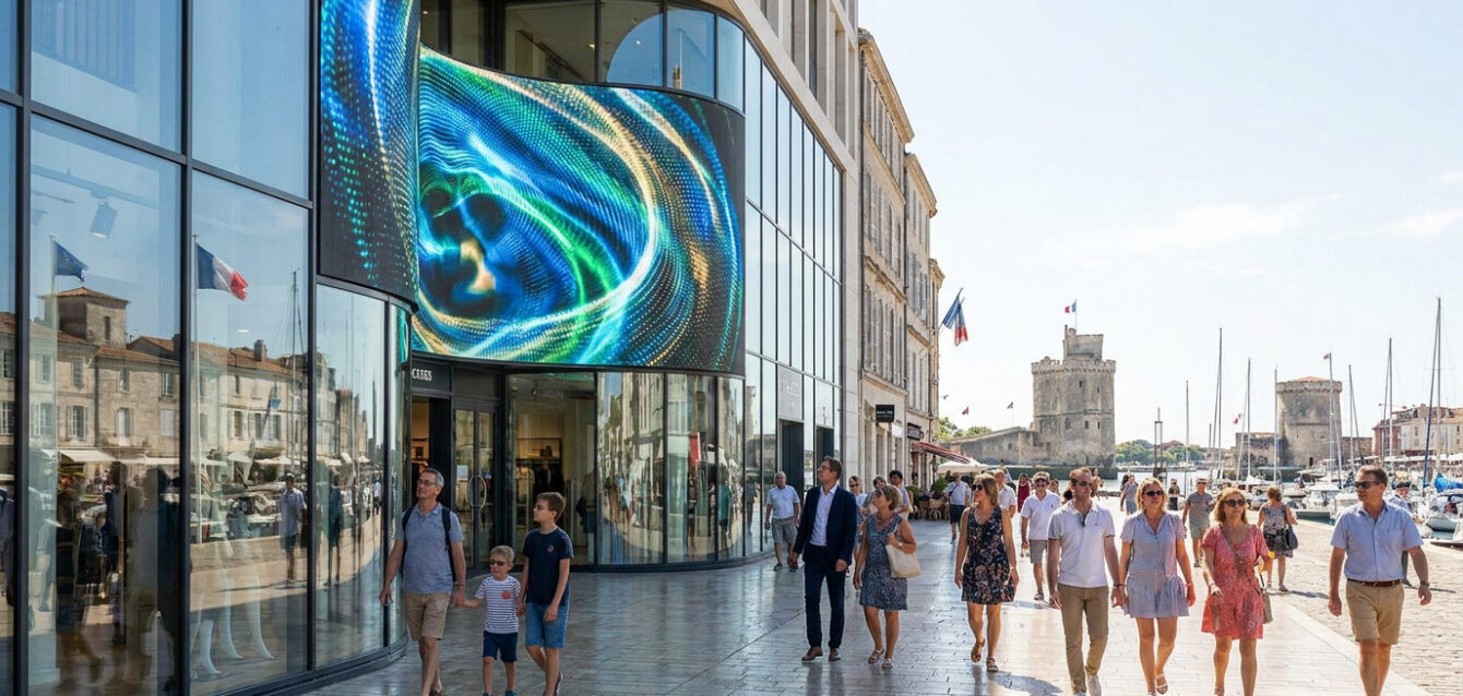 Écran LED géant sur la façade d'un bâtiment moderne face au port de La Rochelle, avec des piétons qui circulent.