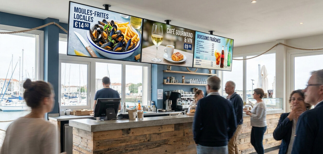Menu boards digitaux suspendus au-dessus du comptoir dans un restaurant moderne avec vue sur le port de La Rochelle.