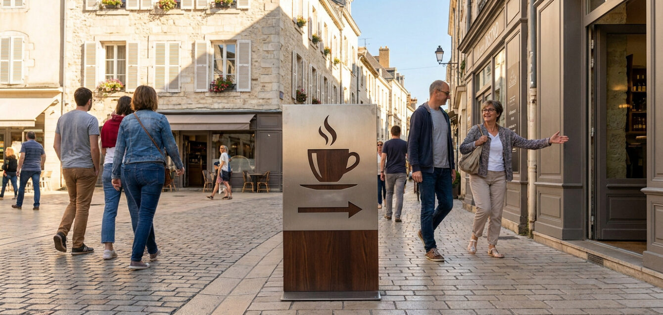 Stop trottoir moderne en métal avec logo tasse de café et flèche, sur une rue pavée animée de piétons et commerces.