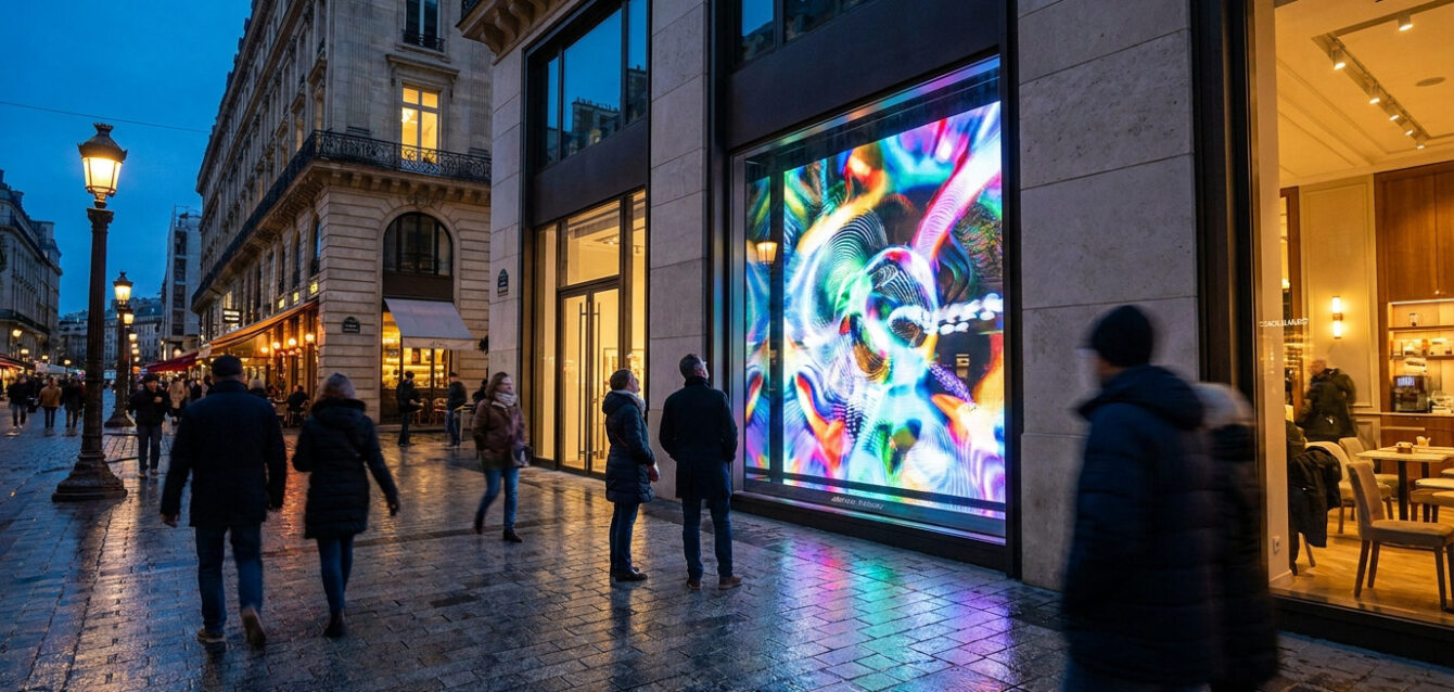 Passants admirant un écran LED géant dans une vitrine de magasin à La Rochelle à la tombée de la nuit.