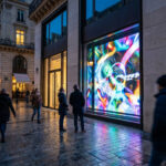 Passants admirant un écran LED géant dans une vitrine de magasin à La Rochelle à la tombée de la nuit.