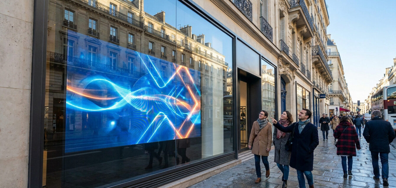 Grande vitrine avec écran numérique lumineux, affichant des motifs abstraits. Des passants en ville s'arrêtent pour l'observer.